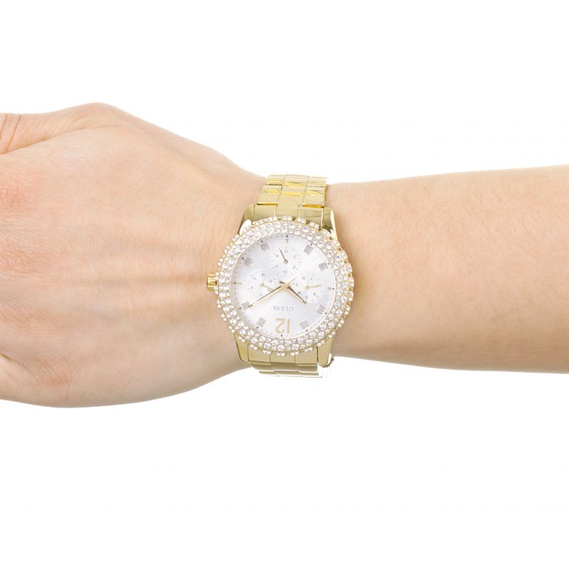 Guess Dazzler Diamonds Silver Dial Gold Steel Strap Watch for Women - W0335L2