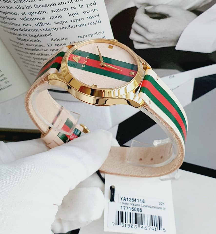  Shop Authentic Gucci G Timeless Quartz Pink Dial Three Tone Leather Strap Watch For Women - YA1264118 - Luxxuri