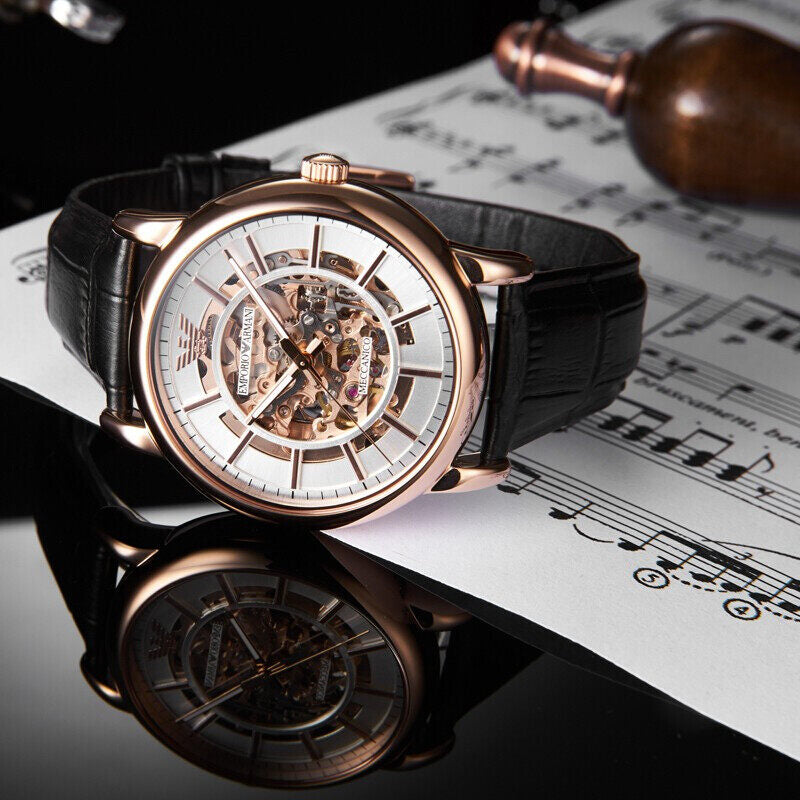  Shop Authentic Emporio Armani Luigi Skeleton Silver Dial Black Leather Strap Watch For Men - AR60007 - Luxxuri