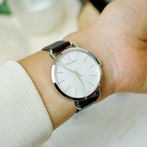  Shop Authentic Calvin Klein Even Silver Black Leather Strap Watch for Women - K7B231C6 - Luxxuri