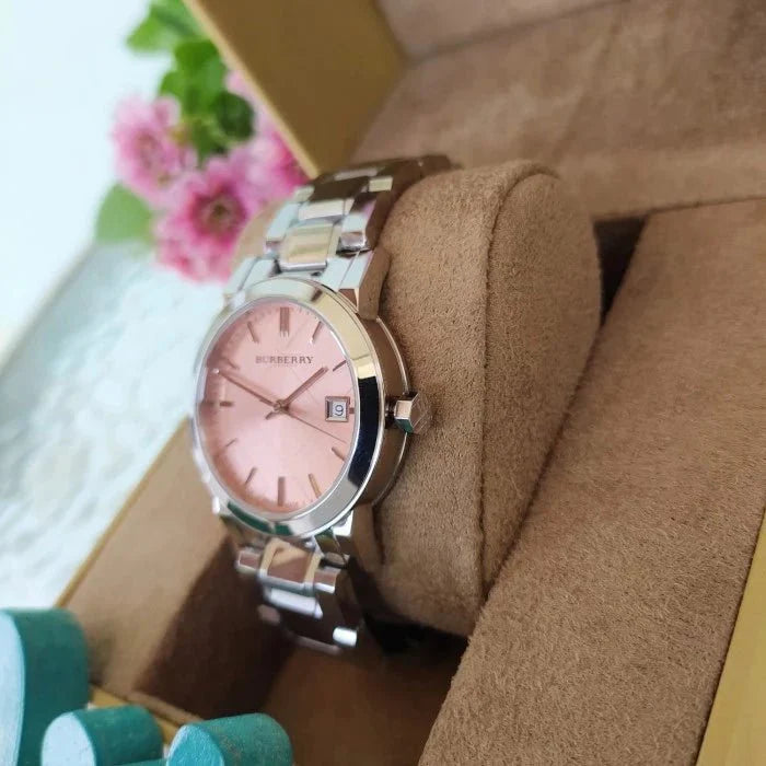  Shop Authentic Burberry The City Pink Dial Silver Steel Strap Watch for Women - BU9124 - Luxxuri