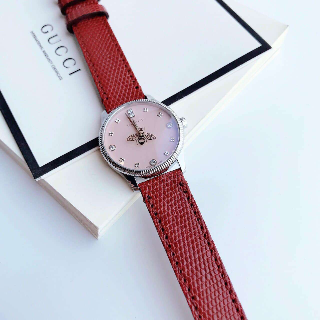  Shop Authentic Gucci G Timeless Quartz Diamonds Pink Dial Red Leather Strap Watch For Women - YA1265017 - Luxxuri