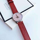 Shop Authentic Gucci G Timeless Quartz Diamonds Pink Dial Red Leather Strap Watch For Women - YA1265017 - Luxxuri