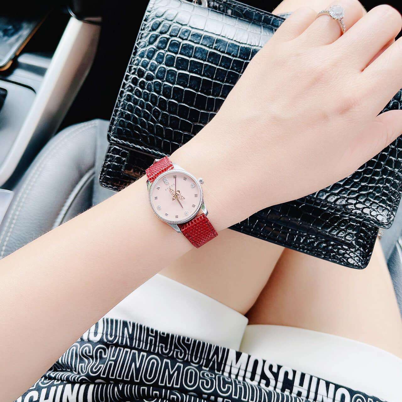  Shop Authentic Gucci G Timeless Quartz Diamonds Pink Dial Red Leather Strap Watch For Women - YA1265017 - Luxxuri