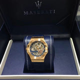  Shop Authentic Maserati Automatic Skeleton Dial Rose Gold Blue Leather Strap Watch For Men - R8821108022 - Luxxuri