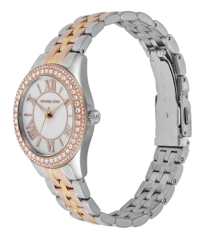 Michael Kors Harlowe Three-Hand Mother of Pearl White Dial Tri Tone Steel Strap Watch for Women - MK4846