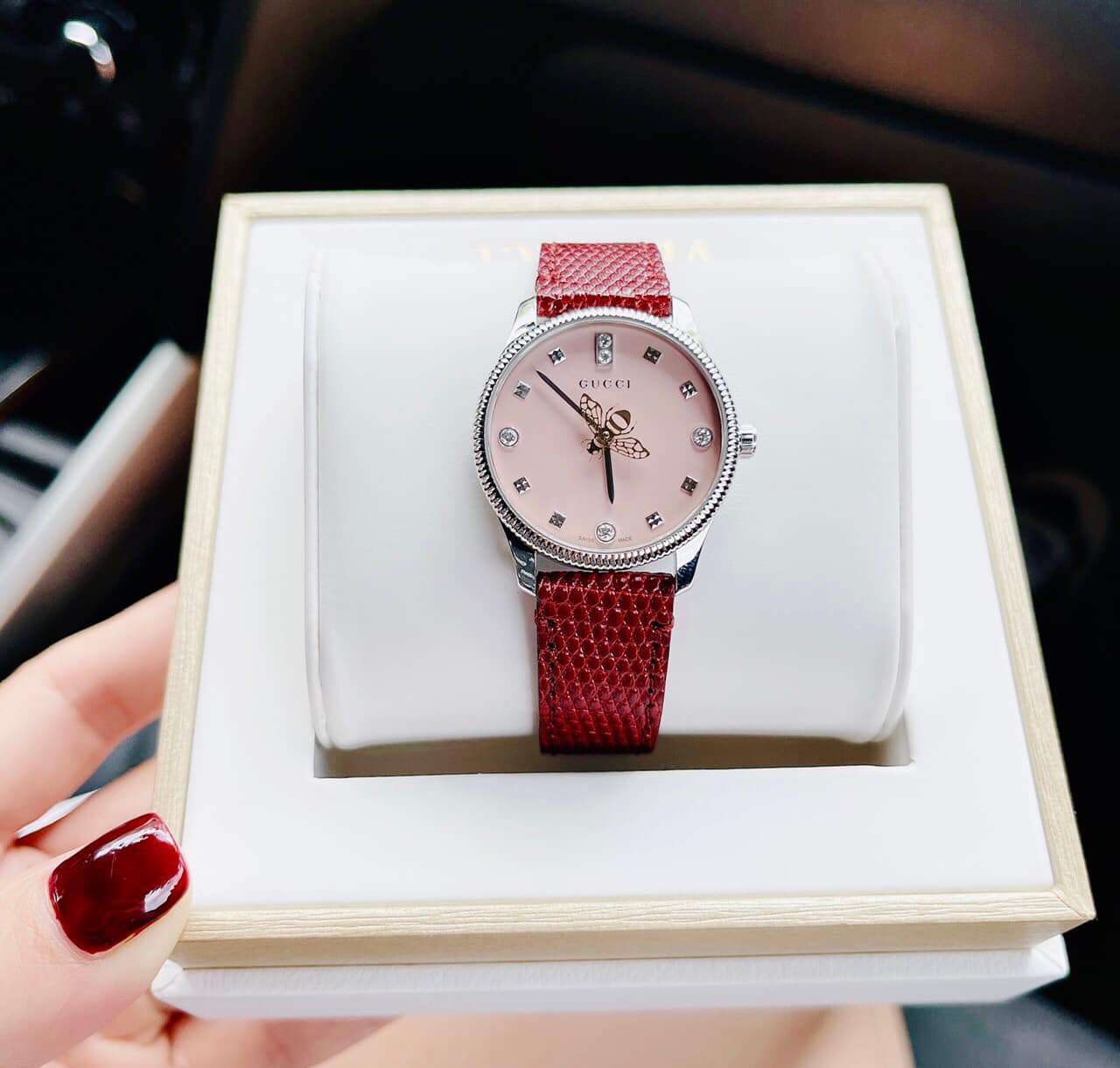  Shop Authentic Gucci G Timeless Quartz Diamonds Pink Dial Red Leather Strap Watch For Women - YA1265017 - Luxxuri