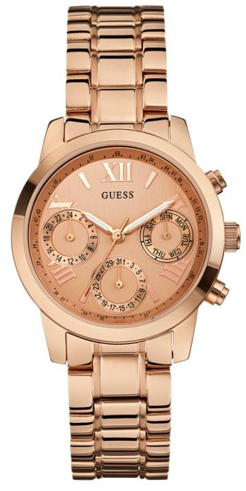  Shop Authentic Guess Mini Sunrise Chronograph Quartz Rose Gold Dial Rose Gold Steel Strap Watch For Women - W0448L3 - Luxxuri