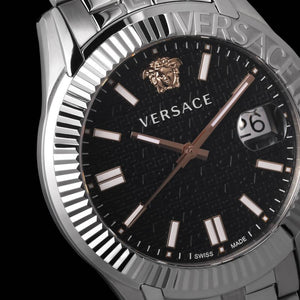  Shop Authentic Versace Greca Time Quartz Black Dial Silver Steel Strap Watch For Men - VE3K00322 - Luxxuri