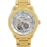  Shop Authentic Bulova BVA Skeleton Silver Dial Gold Steel Strap Watch for Men - 97A108 - Luxxuri