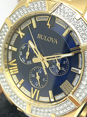  Shop Authentic Bulova Crystal Collection Blue Dial Gold Steel Strap Watch for Men - 98C128 - Luxxuri