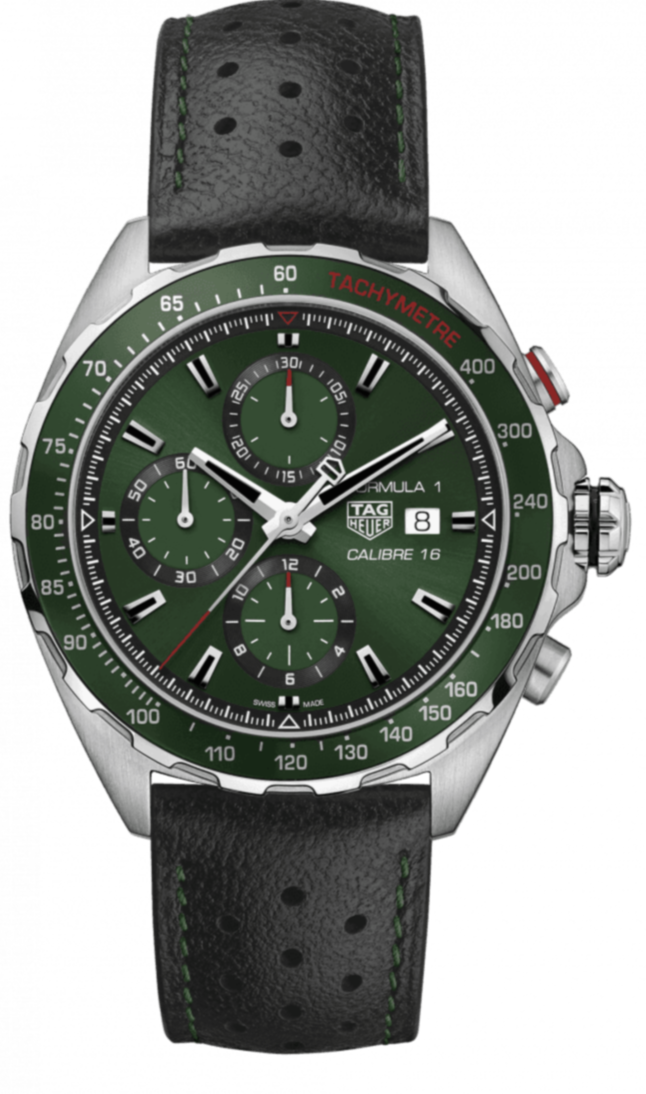 Tag Heuer Formula 1 Calibre 16 Automatic Chronograph Green Dial Black Leather Strap Watch for Men - CAZ2016.FC6473