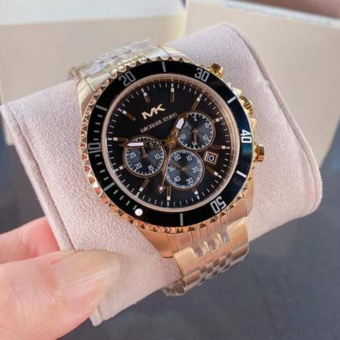  Shop Authentic Michael Kors Bayville Chronograph Black Dial Gold Steel Strap Watch For Men - MK8726 - Luxxuri