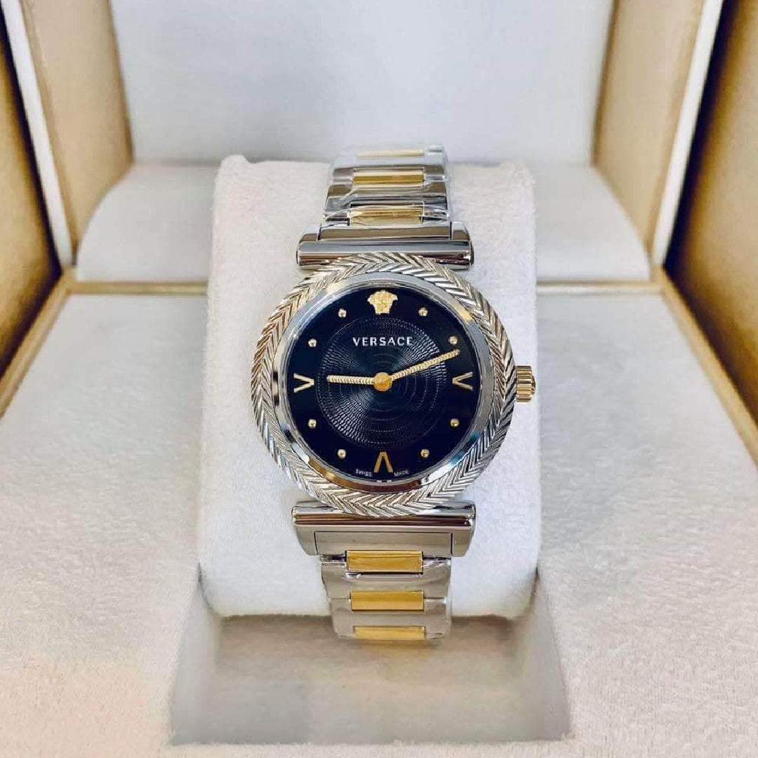  Shop Authentic Versace V-Motif Black Dial Two Tone Steel Strap Watch for Women - VERE00518 - Luxxuri