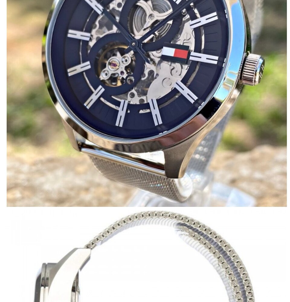  Shop Authentic Tommy Hilfiger Spencer Skeleton Black Dial Silver Mesh Bracelet Watch for Men - 1791643 - Luxxuri