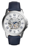  Shop Authentic Fossil Grant Automatic Skeleton Silver Dial Blue Leather Strap Watch for Men - ME3111 - Luxxuri