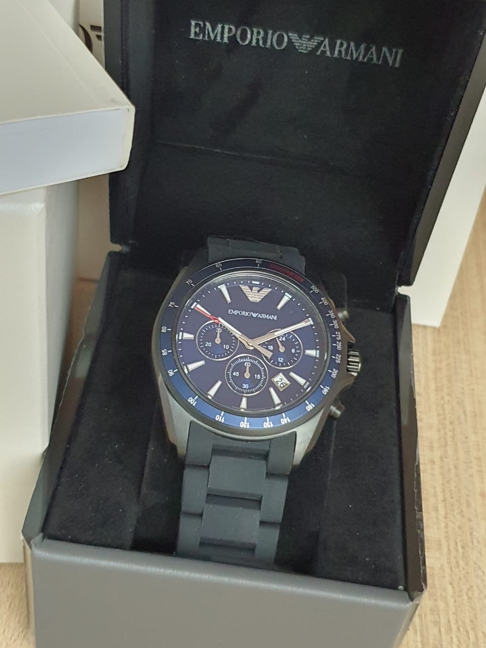  Shop Authentic Emporio Armani Sigma Chronograph Blue Dial Black Silicone Strap Watch For Men - AR6121 - Luxxuri