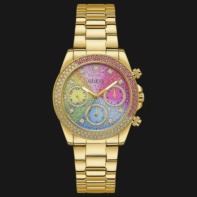  Shop Authentic Guess Confetti Chronograph Rainbow Dial Gold Steel Strap Watch For Women  - GW0483L4 - Luxxuri