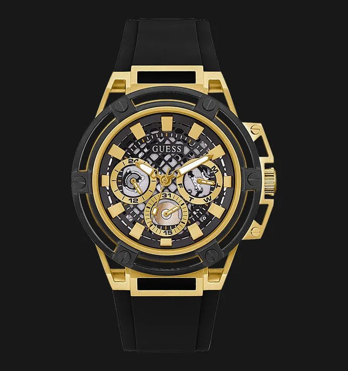  Shop Authentic Guess Matrix Multifunction Gold Dial Black Rubber Strap Watch For Men - GW0423G2 - Luxxuri