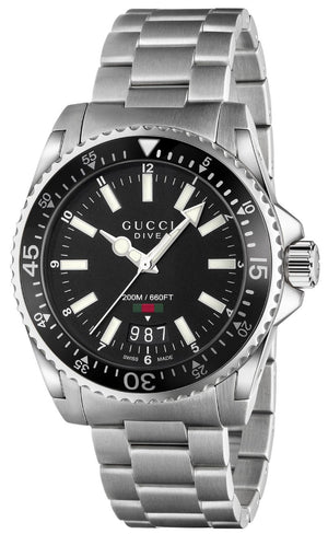  Shop Authentic Gucci Dive Quartz Black Dial Silver Steel Strap Watch For Men - YA136301 - Luxxuri