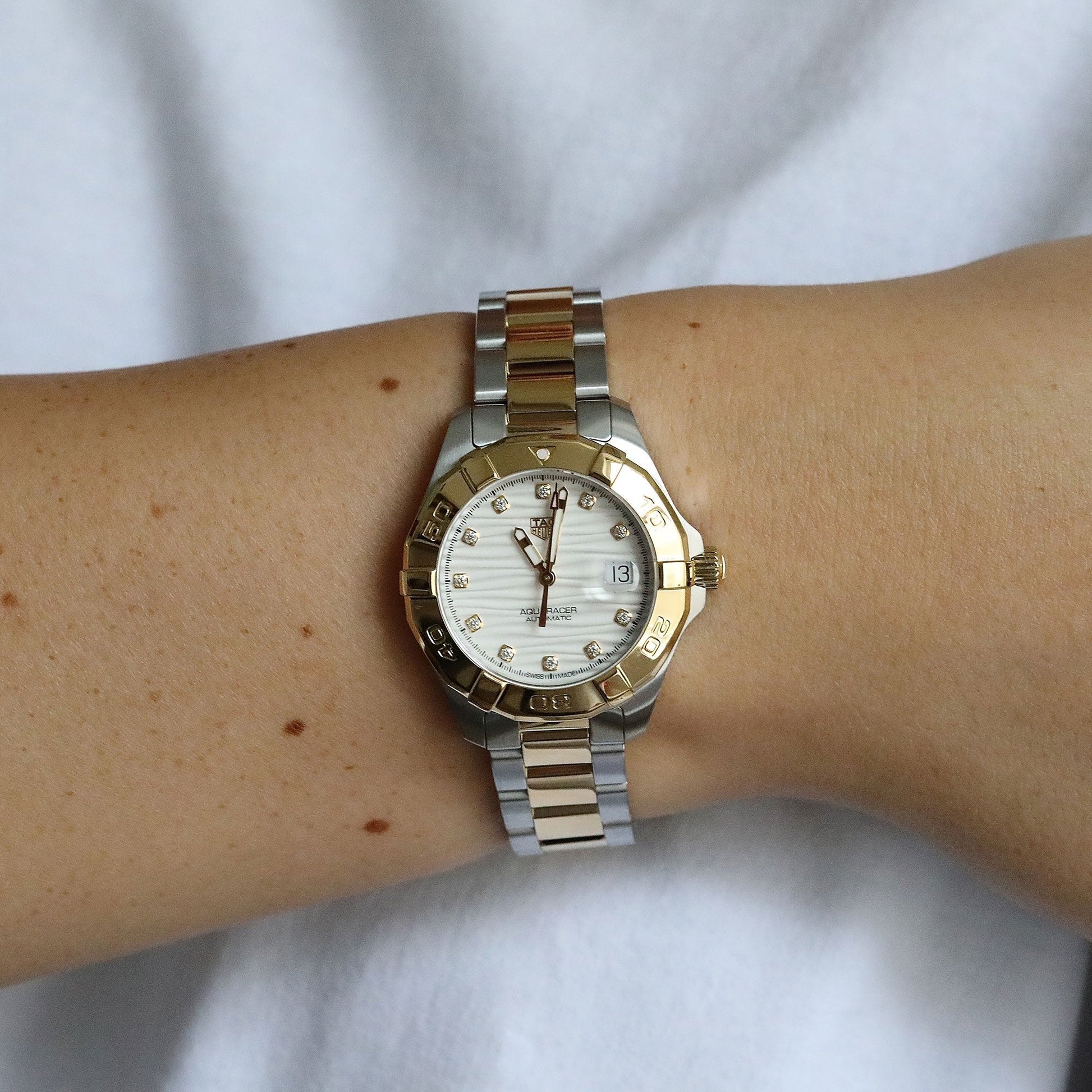  Shop Authentic Tag Heuer Aquaracer Automatic Diamonds Silver Dial Two Tone Steel Strap Watch for Women - WBD2321.BB0320 - Luxxuri