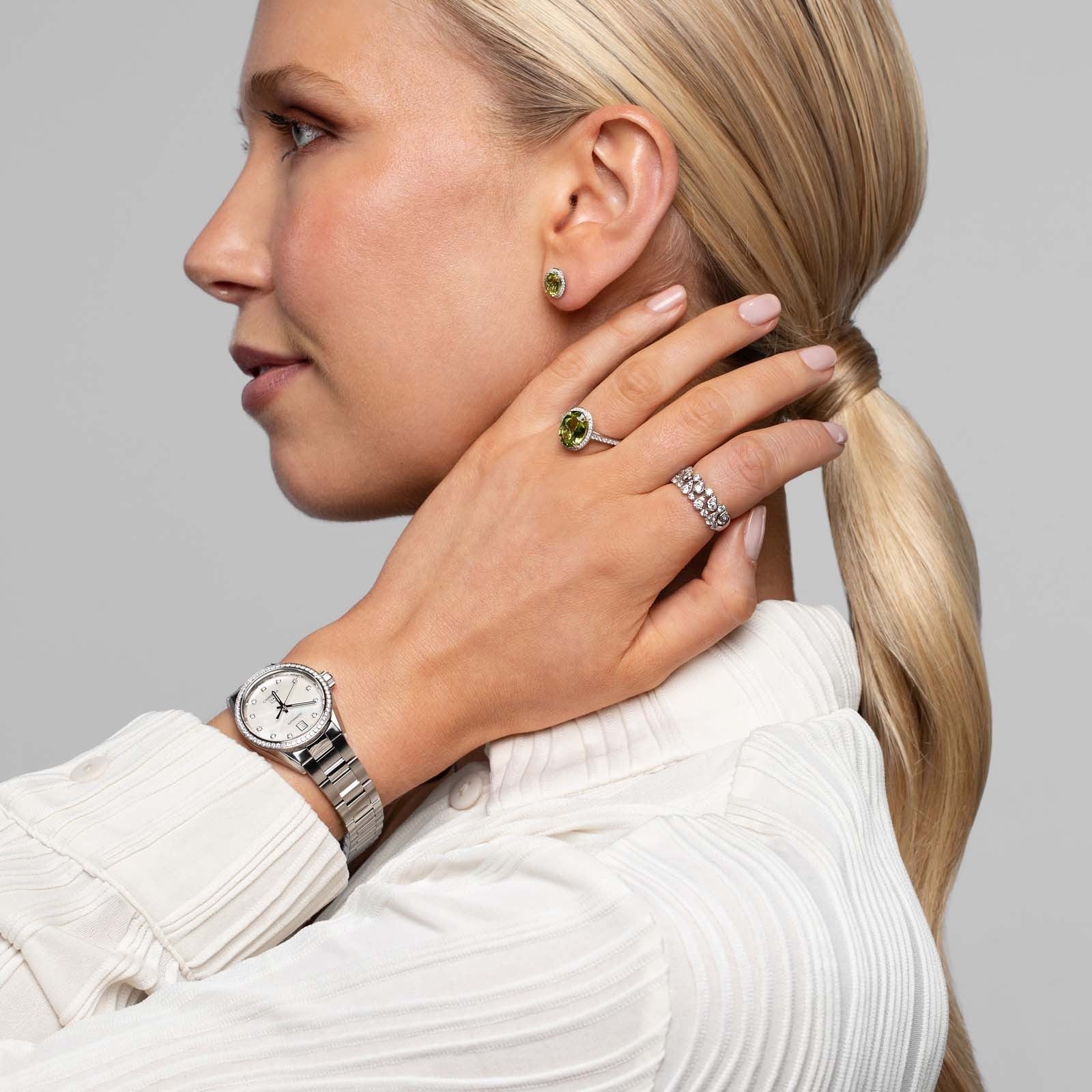  Shop Authentic Tag Heuer Carrera Date Diamonds Mother of Pearl Dial Silver Steel Strap Watch for Women - WBN2414.BA0621 - Luxxuri