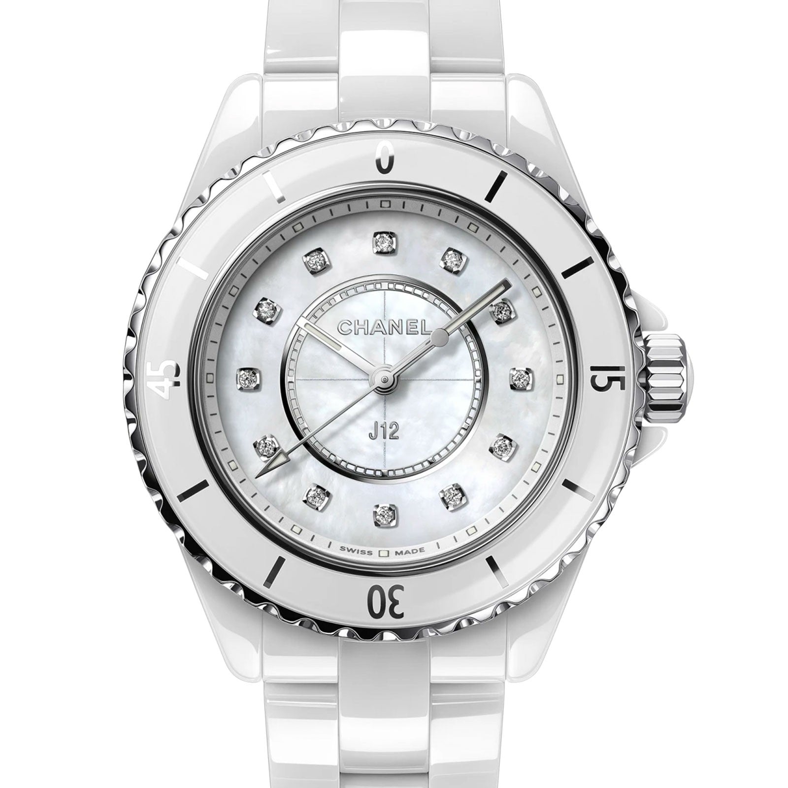  Shop Authentic Chanel J12 Diamonds Mother of Pearl White Dial White Steel Strap Watch for Women - J12 H5704 - Luxxuri