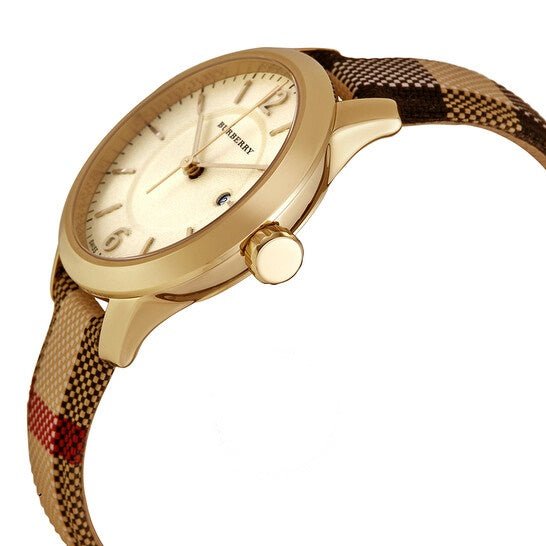  Shop Authentic Burberry Classic Champagne Gold Dial Horseferry Leather Strap Watch for Women - BU10104 - Luxxuri