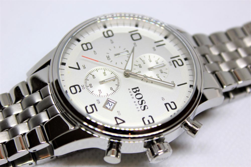 Hugo Boss Aeroliner Chronograph Quartz White Dial Silver Steel Strap Watch For Men - HB1512445