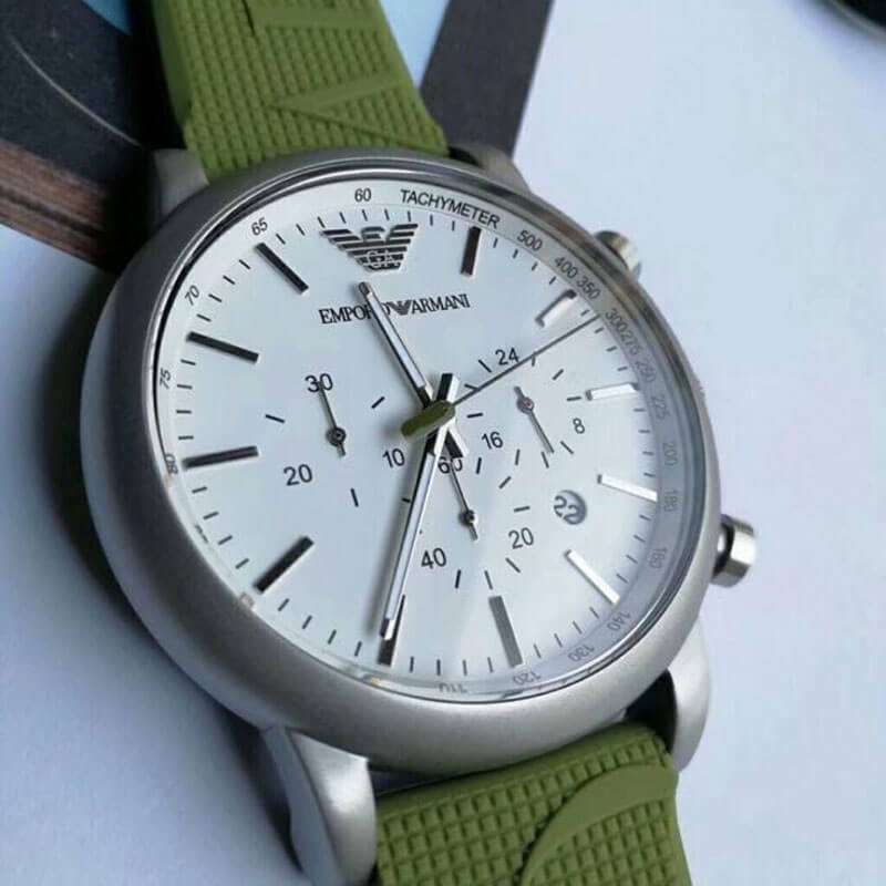 Shop Authentic Emporio Armani Chronograph White Dial Green Rubber Strap Watch For Men - AR11022 - Luxxuri