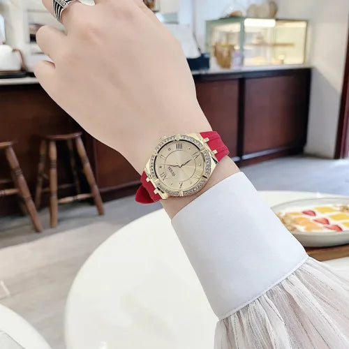  Shop Authentic Guess Cosmo Diamonds Gold Dial Red Rubber Strap Watch for Women - GW0034L6 - Luxxuri