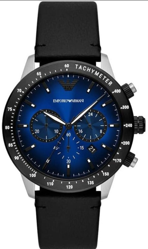  Shop Authentic Emporio Armani Mario Chronograph Blue Dial Black Leather Strap Watch For Men - AR11522 - Luxxuri