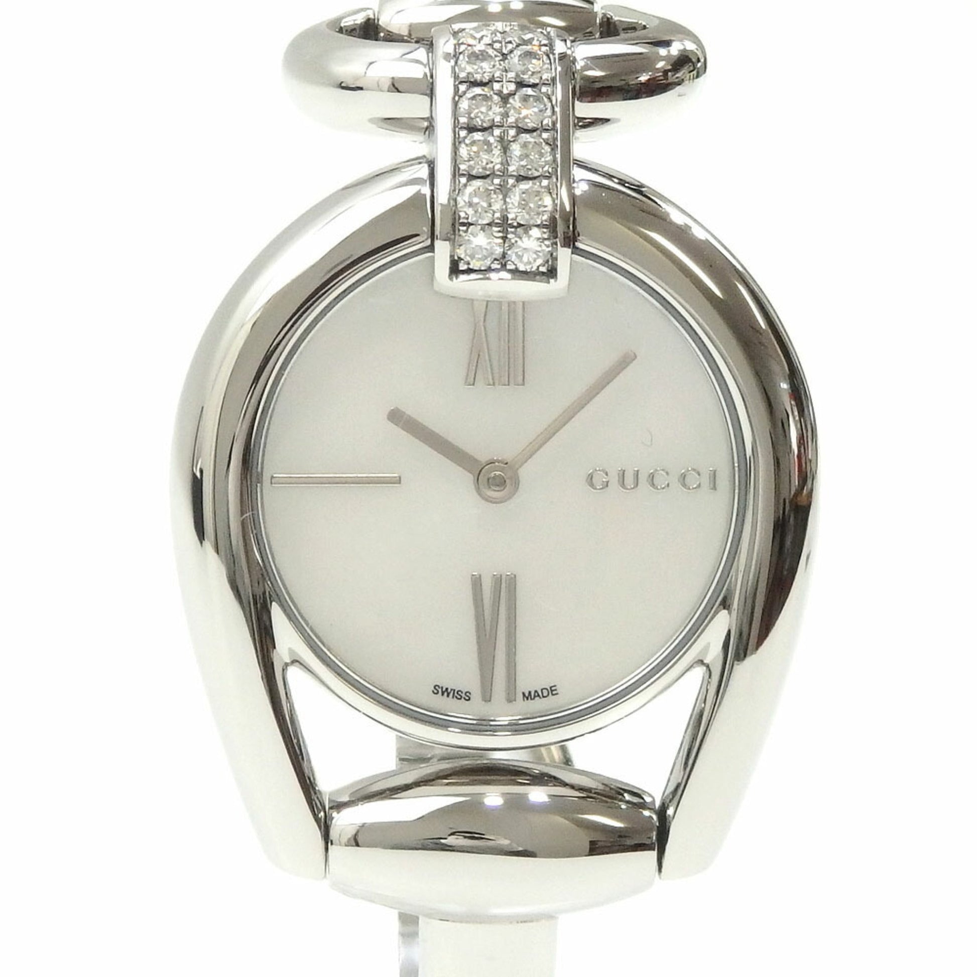  Shop Authentic Gucci Horsebit Collection Diamonds Mother of Pearl White Dial Silver Steel Strap Watch For Women - YA139504 - Luxxuri