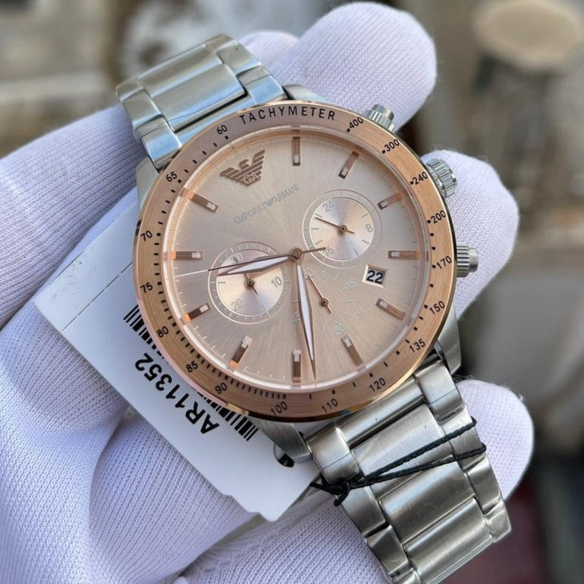  Shop Authentic Emporio Armani Mario Chronograph Beige Dial Silver Steel Strap Watch For Men - AR11352 - Luxxuri