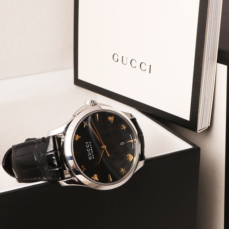  Shop Authentic Gucci G Timeless Automatic Black Dial Black Leather Strap Watch For Women - YA126469 - Luxxuri