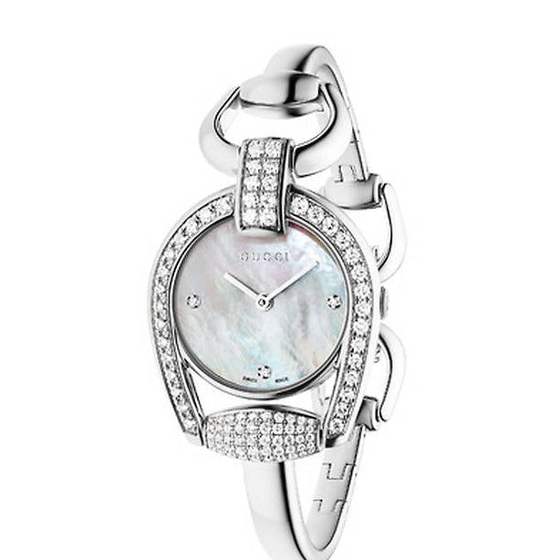  Shop Authentic Gucci Horsebit Collection Diamonds Mother of Pearl Dial Silver Steel Strap Watch For Women - YA139505 - Luxxuri