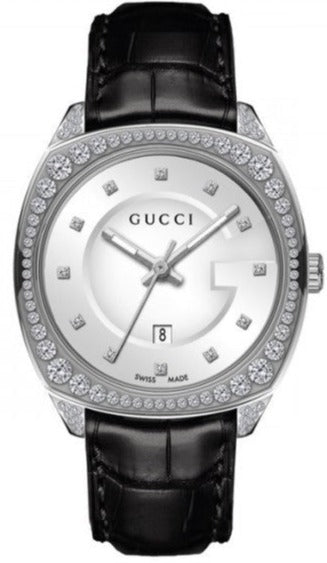  Shop Authentic Gucci GG2570 Diamonds Silver Dial Black Leather Strap Watch For Women - YA142507 - Luxxuri