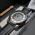  Shop Authentic Emporio Armani Luigi Silver Skeleton Dial Black Leather Strap Watch For Men - AR1981 - Luxxuri
