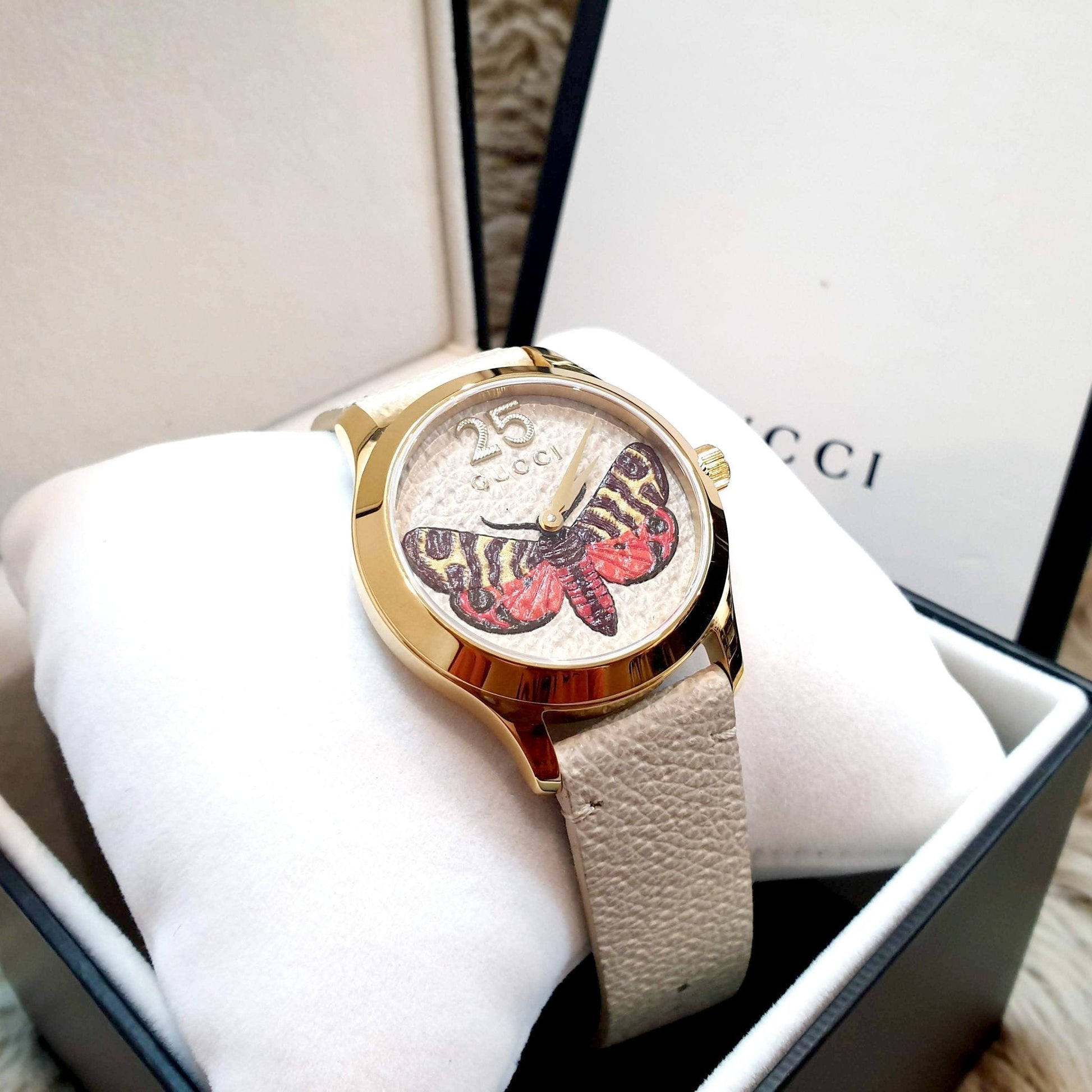  Shop Authentic Gucci G Timeless Butterfly White Dial White Leather Strap Watch For Women - YA1264062 - Luxxuri
