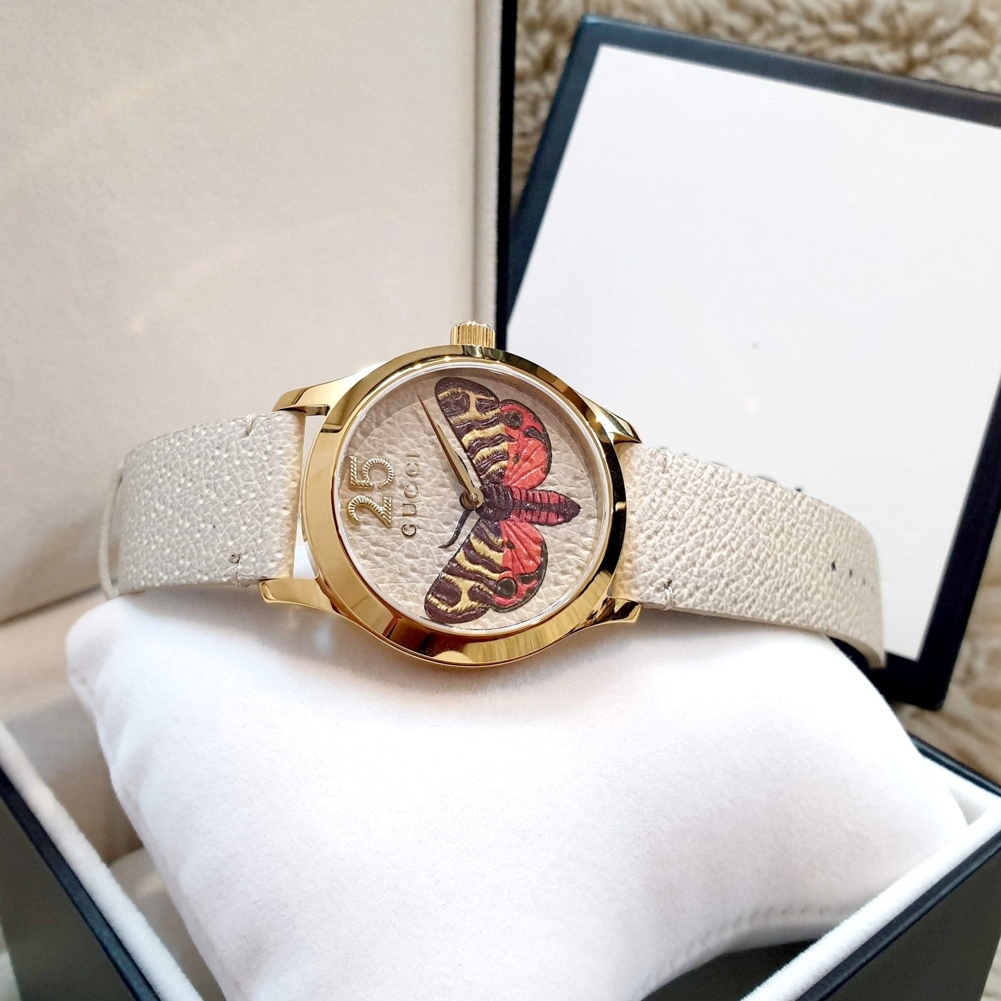  Shop Authentic Gucci G Timeless Butterfly White Dial White Leather Strap Watch For Women - YA1264062 - Luxxuri