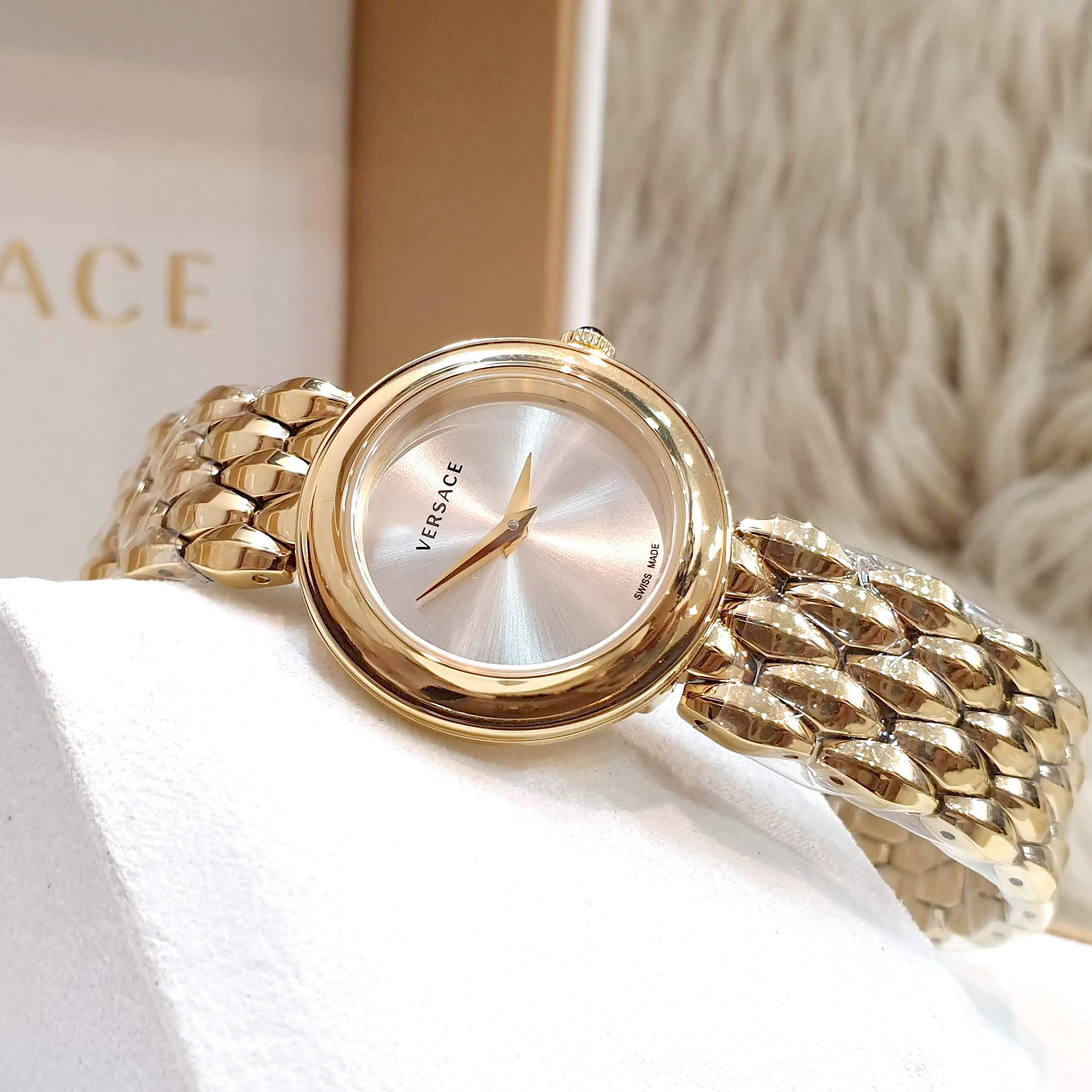 Versace V-Flare Quartz Silver Dial Gold Steel Strap Watch for Women - VEBN00718