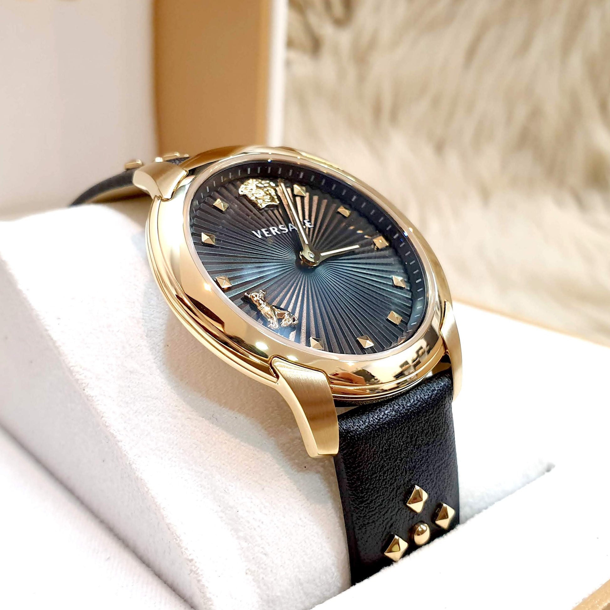  Shop Authentic Versace Audrey Quartz Black Dial Black Leather Strap Watch for Women - VELR00319 - Luxxuri