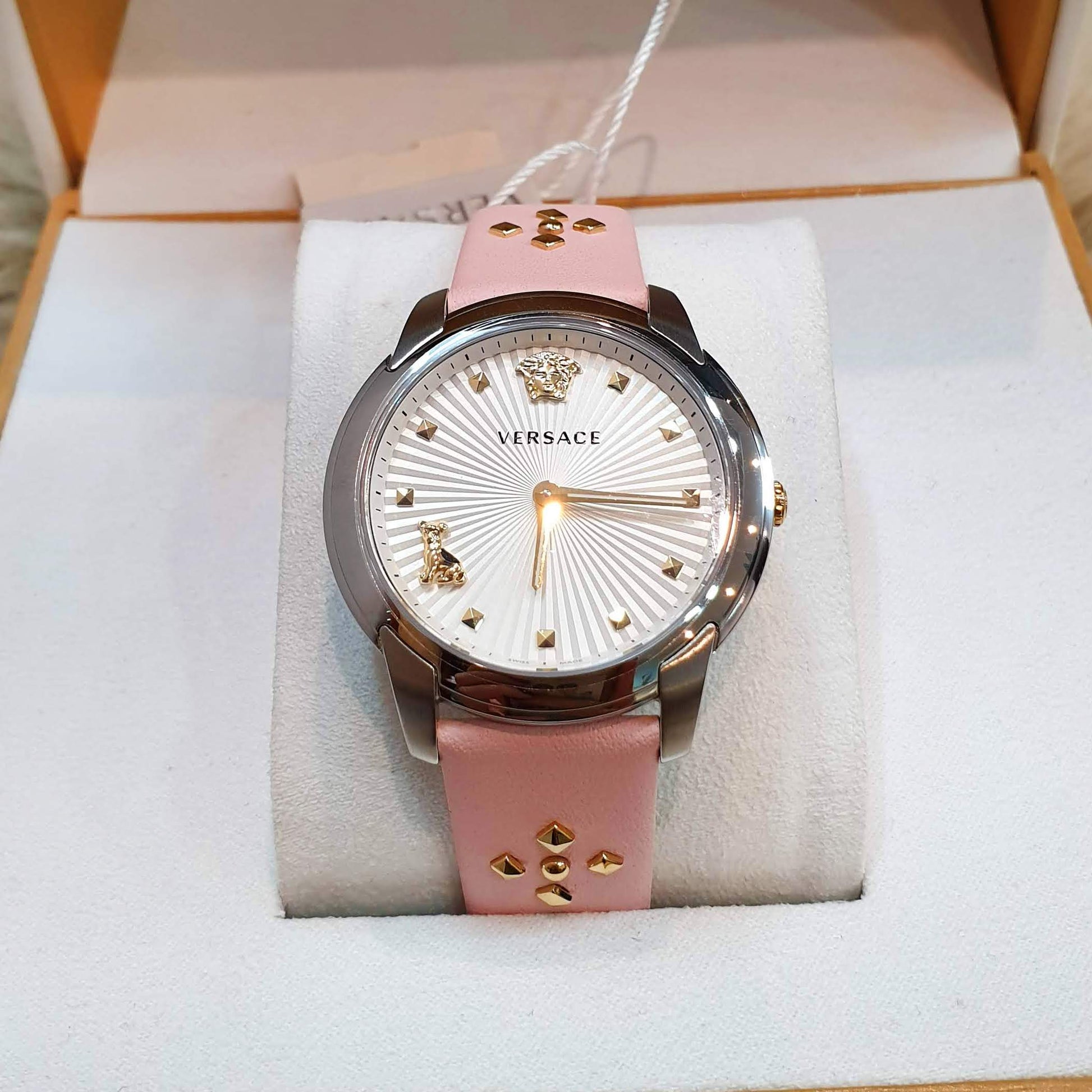  Shop Authentic Versace Audrey Quartz White Dial Pink Leather Strap Watch for Women - VELR00119 - Luxxuri