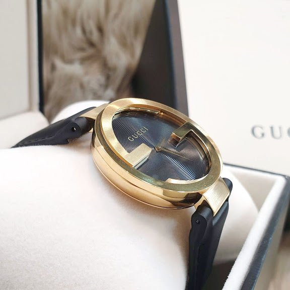  Shop Authentic Gucci Interlocking G Gold Black Dial Black Leather Strap Unisex Watch - YA133326 - Luxxuri
