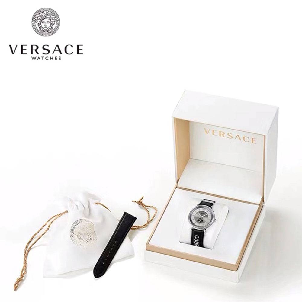  Shop Authentic Versace V-Circle Silver Dial Black Leather Strap Watch for Men - VEBQ01219 - Luxxuri