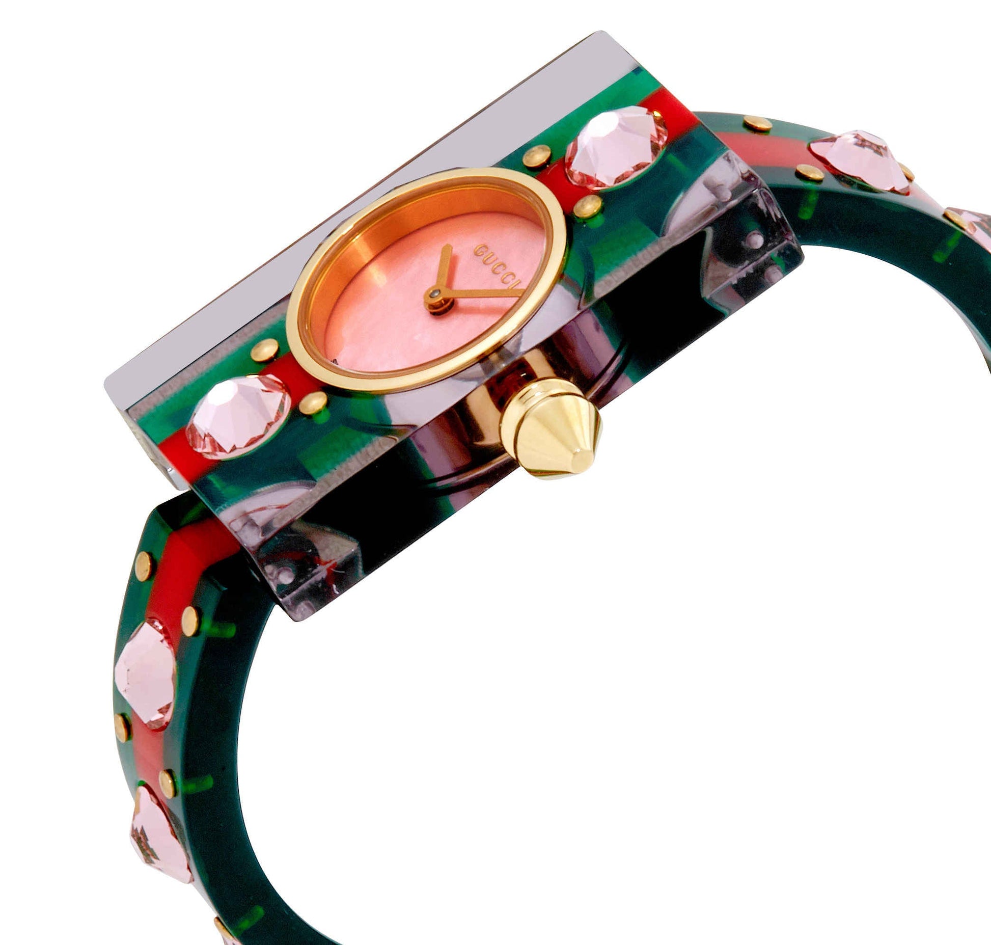  Shop Authentic Gucci Vintage Web Pink Mother of Pearl Dial Two Tone Plastic Strap Watch For Women - YA143525 - Luxxuri