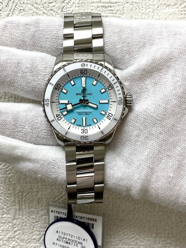  Shop Authentic Breitling Superocean Automatic 36 Turquoise Dial Silver Steel Strap Watch for Men - A17377211C1A1 - Luxxuri