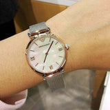  Shop Authentic Emporio Armani Gianni T Bar Mother of Pearl Dial Silver Mesh Bracelet Watch For Women - AR2068 - Luxxuri