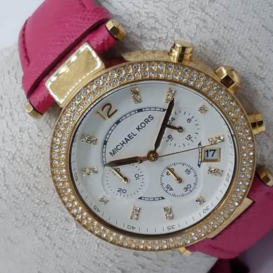  Shop Authentic Michael Kors Parker Chronograph White Dial Pink Leather Strap Watch for Women - MK2297 - Luxxuri