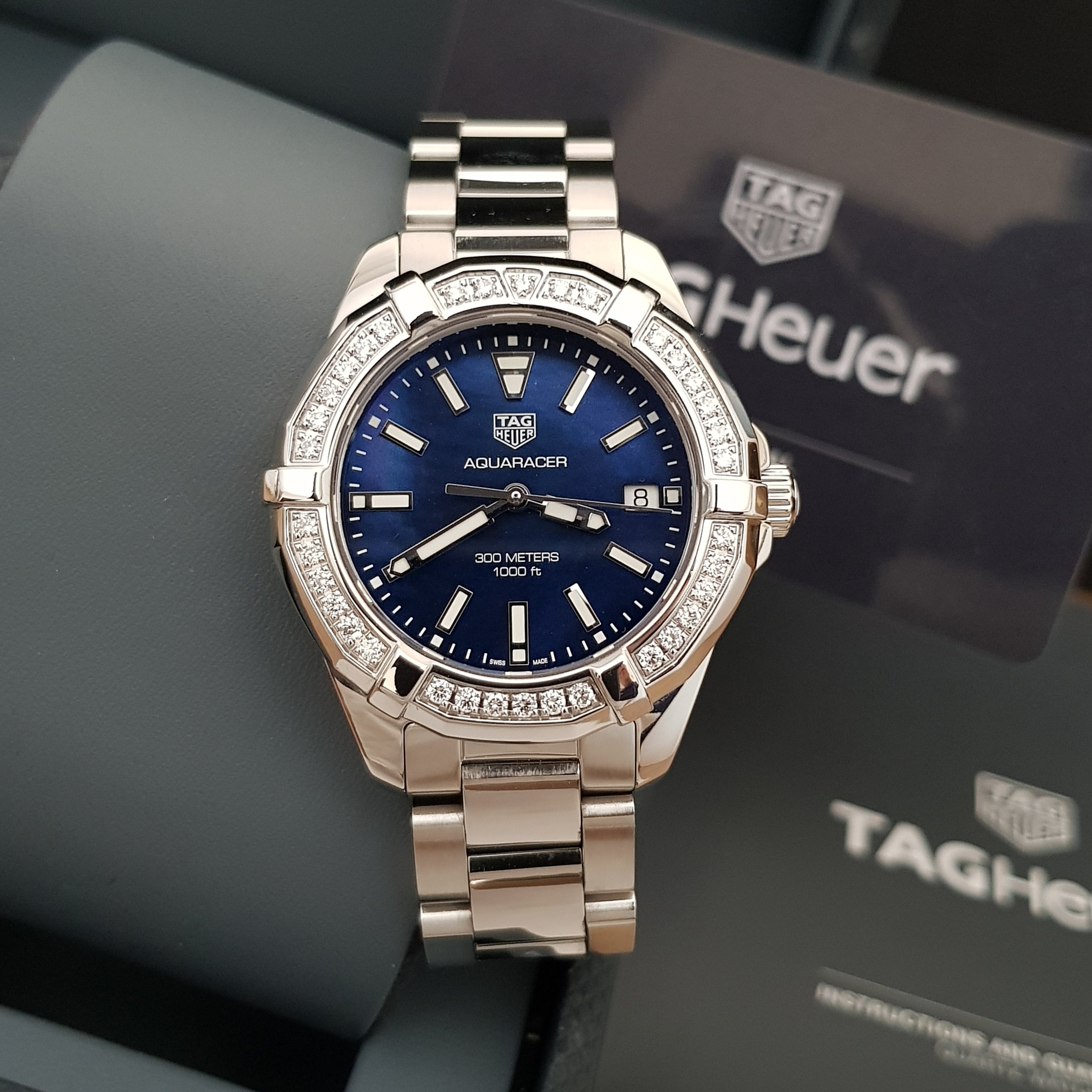 Tag Heuer Aquaracer Quartz Diamonds Blue Dial Silver Steel Strap Watch for Women - WAY131N.BA0748